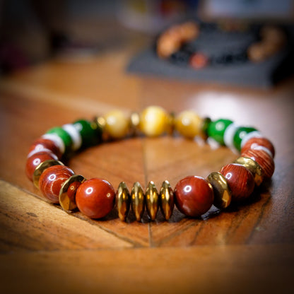 Ho-Oh Inspired Red Jasper, Russian Jade, Tiger Eye & Hematite Bracelet