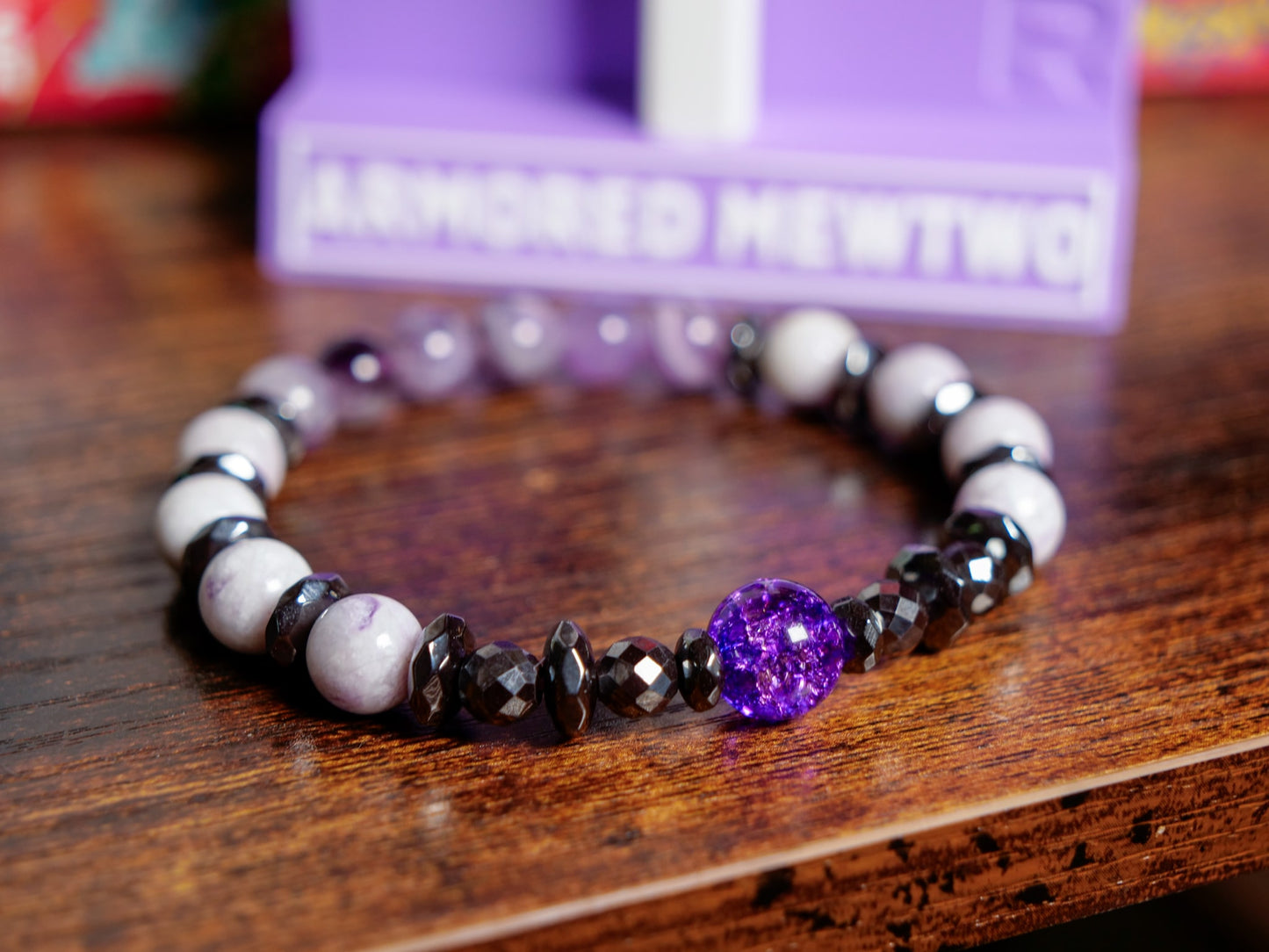 Armored Mewtwo Gemstone Bracelet – Pre-Order (Jasper, Amethyst, Hematite, Quartz) + Free Display