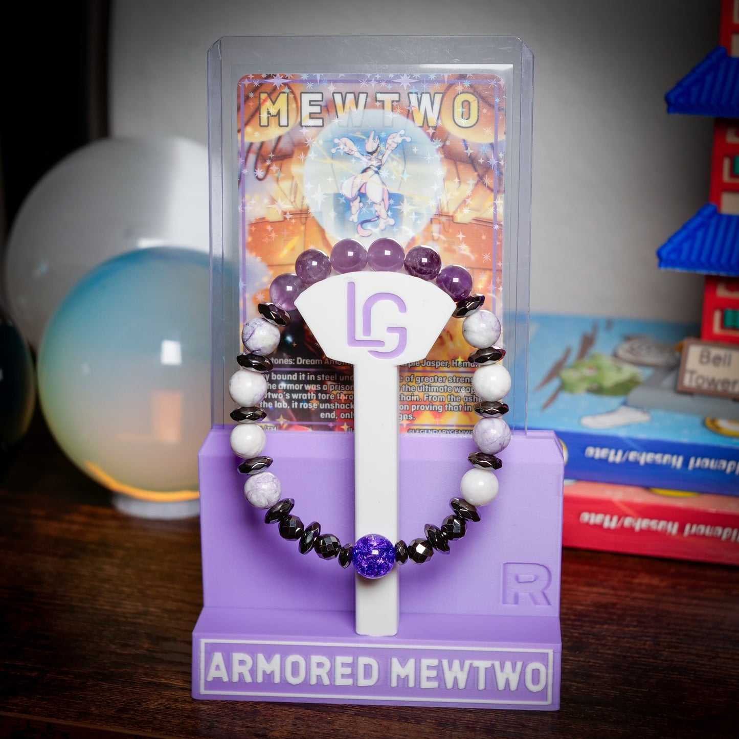 Armored Mewtwo Gemstone Bracelet – Pre-Order (Jasper, Amethyst, Hematite, Quartz) + Free Display