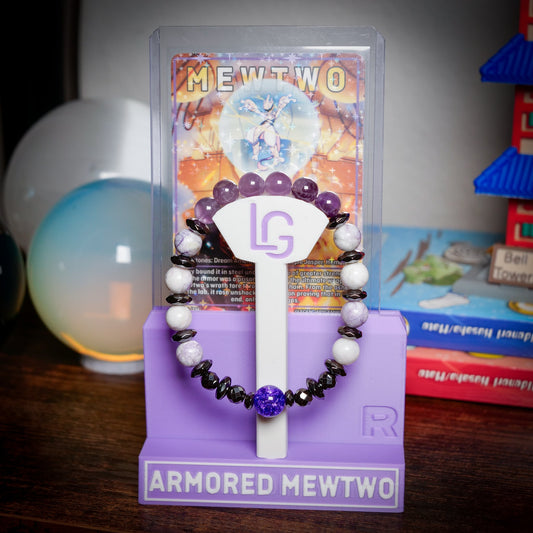 Armored Mewtwo Gemstone Bracelet – Pre-Order (Jasper, Amethyst, Hematite, Quartz) + Free Display