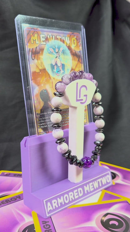 Armored Mewtwo Gemstone Bracelet – Pre-Order (Jasper, Amethyst, Hematite, Quartz) + Free Display